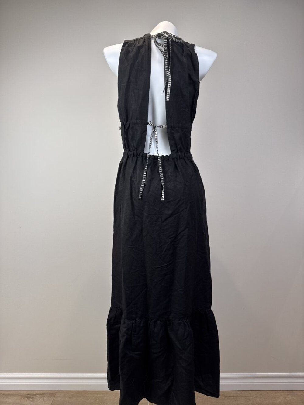 lemlem Womens Black Linen Tencel Plunge Open Back Tiered Maxi Dress Size L - Picture 2 of 5